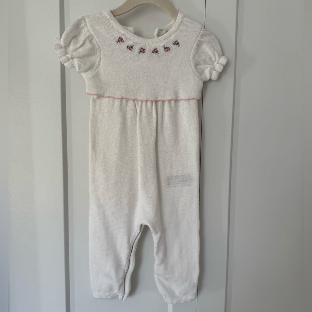 Janie and Jack White Sweater Romper with Pink Floral Detail